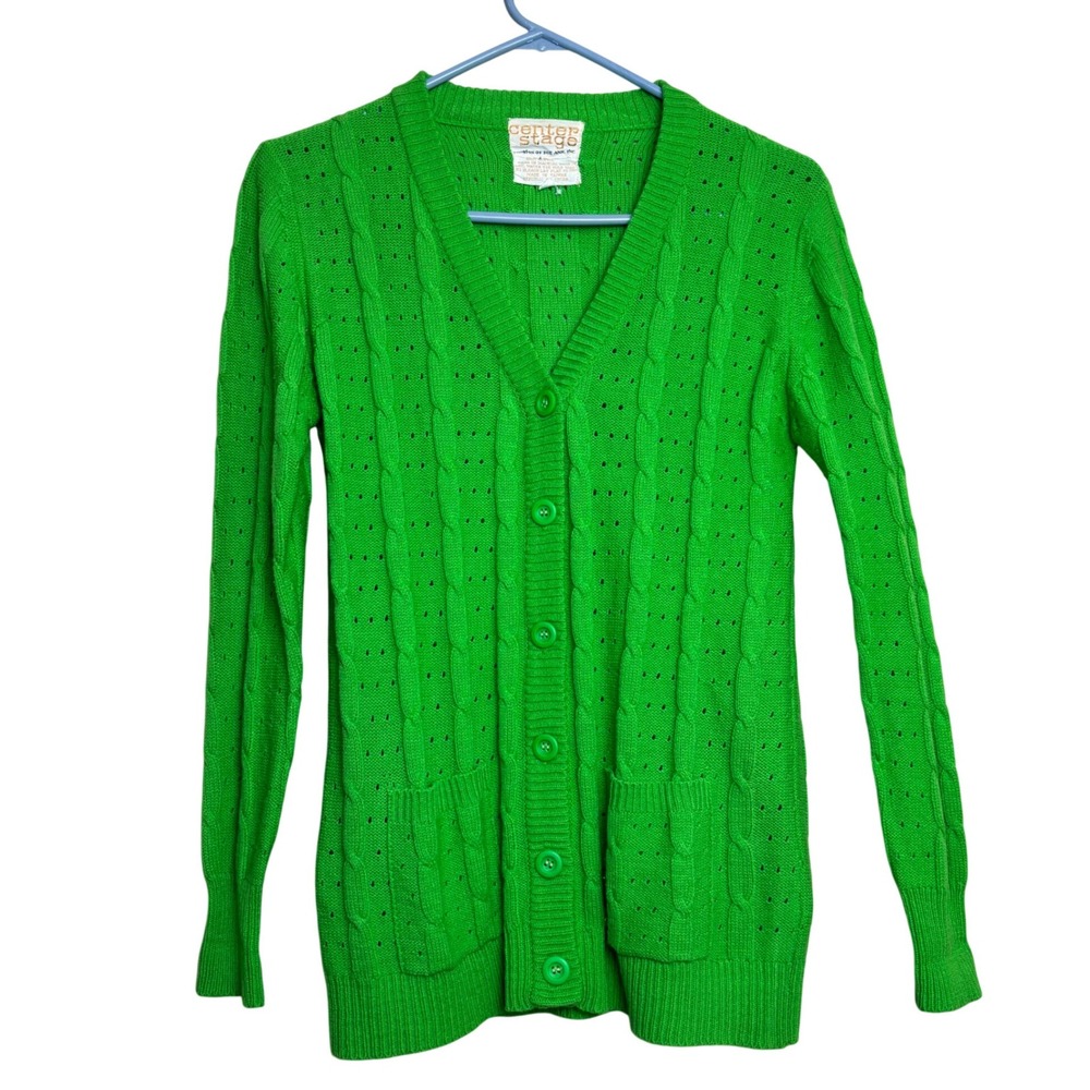 Vintage 70s Cardigan Sweater Womens Medium‎ Green Cable Knit V-Neck Grannycore
